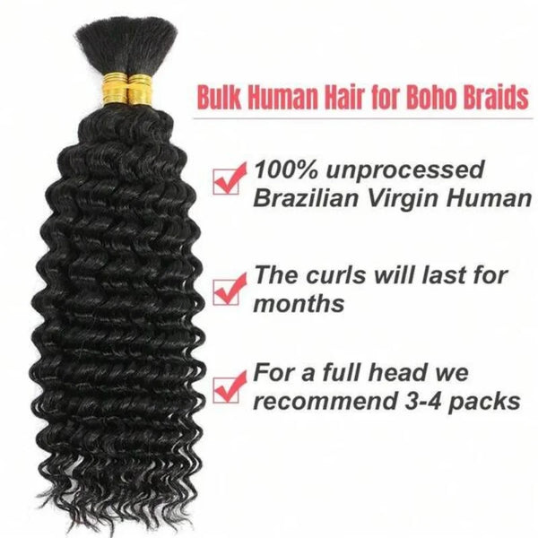 Human Hair Bulk For Braiding 2 Bundles Deep Wave Human Hair Extensions Human Braiding Hair For Boho Braids Water Wave Curly Hair