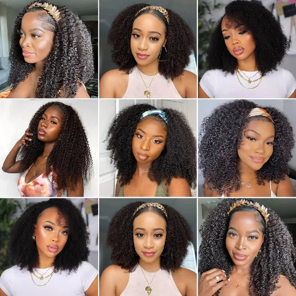 16 Inch 3 IN 1 Half Wig With Drawstring Seamless Human hair Wigs Kinky Curly Headband Wig Upgrade for Women Summer Machine Wigs