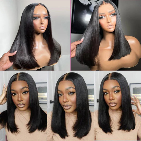 Straight Glueless Wig Human Hair Ready To Wear Short Bob Wigs For Women Transparent Pre Cut 4x4 Human Hair Wigs Bleached Knots