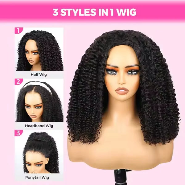 16 Inch 3 IN 1 Half Wig With Drawstring Seamless Human hair Wigs Kinky Curly Headband Wig Upgrade for Women Summer Machine Wigs
