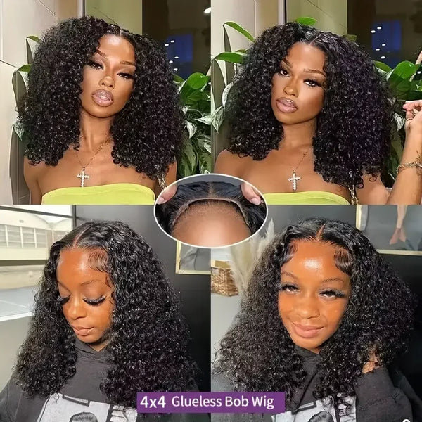 4x4 Put On And Go Glueless Bob Wigs Human Hair Curly For Women Pre Plucked Pre Cut Lace Ready To Wear Kinky Curly Lace Front Wig