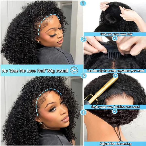 Half Wig Kinky Curly 220% Density Remy Hair Curly Wigs 100% Human Hair No Leave Out Upgrade Glueless Clip In Half Wigs For Women