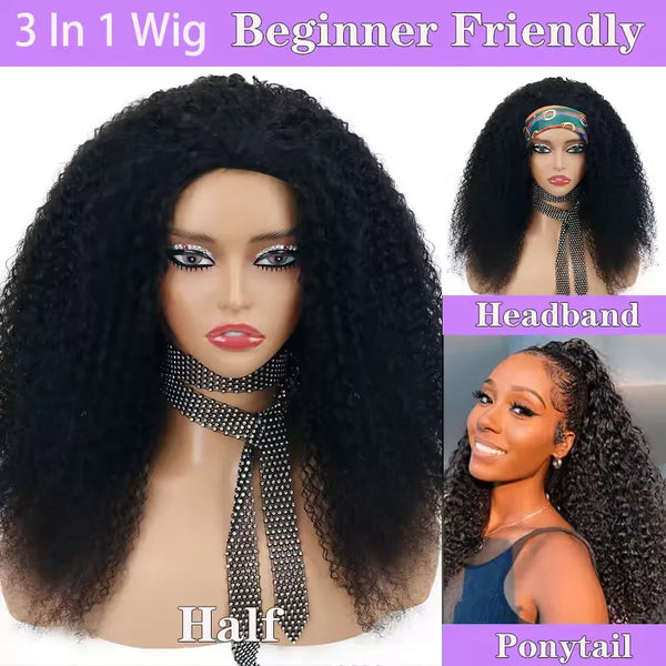 Upgrade 3 IN 1 Half Wig With Drawstring Seamless Clip Ins Flip Over Kinky Curly Wig 200% Density Curly Half Wigs for Women hair