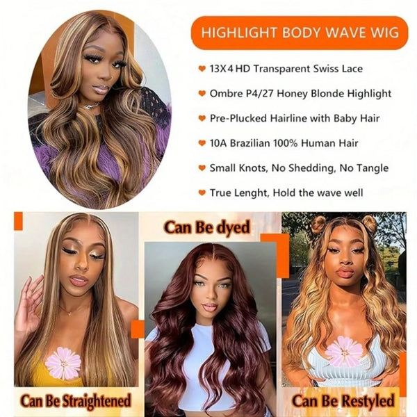 30 Inch Honey Blonde Ombre Lace Front Wig Human Hair 13x4 HD Lace Front Wig 4/27 Highlight Ombre Body Wave Lace Frontal Glueless