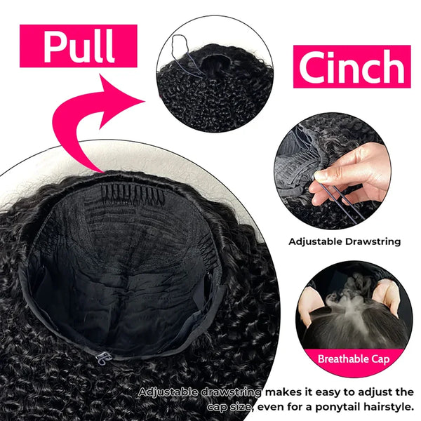 16 Inch 3 IN 1 Half Wig With Drawstring Seamless Human hair Wigs Kinky Curly Headband Wig Upgrade for Women Summer Machine Wigs