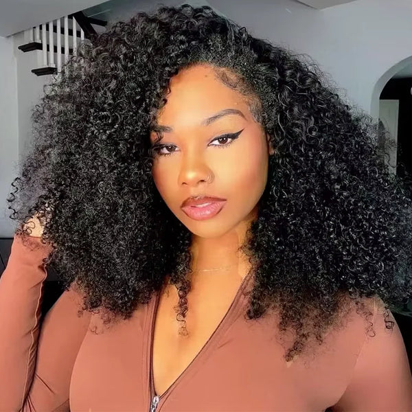 16 Inch 3 IN 1 Half Wig With Drawstring Seamless Human hair Wigs Kinky Curly Headband Wig Upgrade for Women Summer Machine Wigs